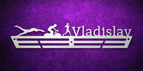 Custom images gallery triathlon medal display with 'Vladislav' name and swim, bike, run icons, ideal for triathletes.