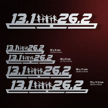 Multiple size options of 13.1 - 26.2 Running Medal Hanger Display shown with silhouette runner design, suitable for various medal collections.