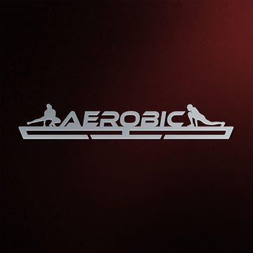 Aerobic Medal Hanger Display in stainless steel with cut-out text and athlete silhouettes, ideal for organizing sports medals.