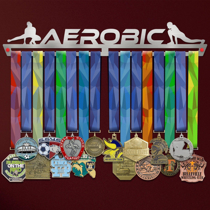 Aerobic Medal Hanger Display showcasing colorful ribbons and various medals on a stainless steel rack with aerobic silhouettes.
