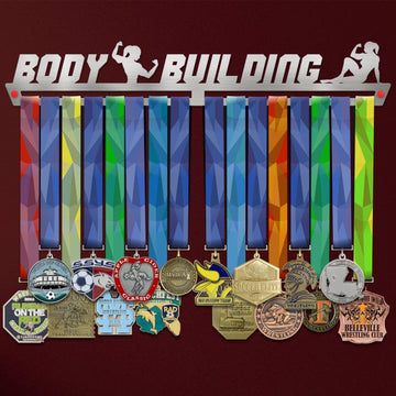 Body Building Medal Hanger Display FEMALE holding colorful medals with a brushed stainless steel finish, ideal for female bodybuilding fans.