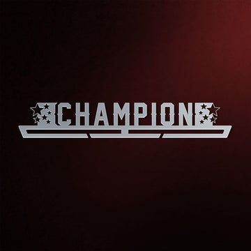 Stainless steel Champion Medal Hanger Display V1 with bold 'CHAMPION' lettering and star cutouts, ideal for organizing and displaying medals.