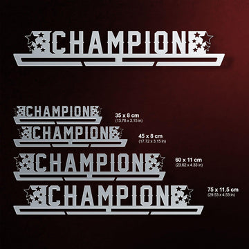 Champion Medal Hanger Display V1 shown in four size options with dimensions, offering versatile medal display capacity from 8 to 45 medals.