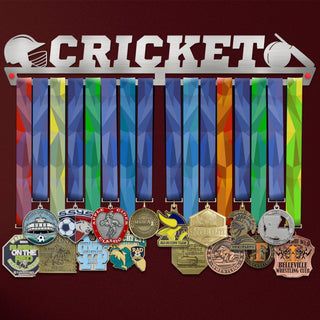 Cricket Medal Hanger Display with colorful ribbons and various medals, made of stainless steel with helmet and bat design.