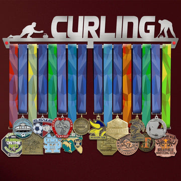 Curling V2 Medal Hanger Display holding multiple colorful medals on a stainless steel rack with curling-themed design cutout.
