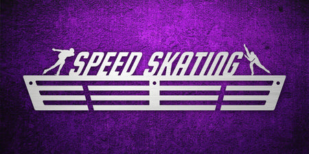 Custom images gallery medal hanger with 'Speed Skating' text and skater silhouettes, perfect for ice skating medals.