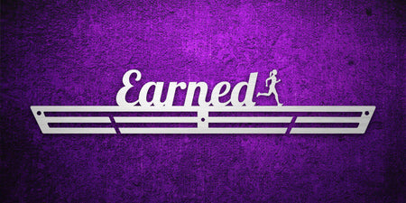 Custom images gallery medal hanger with 'Earned' text and running silhouette, motivational display for race medals.
