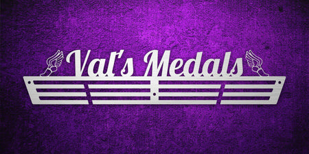 Custom images gallery medal hanger with 'Val's Medals' and winged shoe icons, perfect for running or track medals.