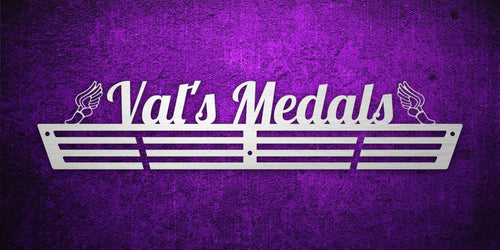 Custom images gallery medal hanger with 'Val's Medals' and winged shoe icons, perfect for running or track medals.