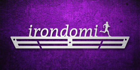 Custom images gallery running medal hanger with 'irondomi' and runner icon, ideal for Ironman or endurance athletes.