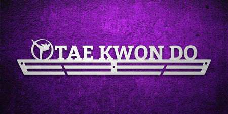Custom images gallery martial arts medal rack with 'TAE KWON DO' and kicking silhouette, perfect for taekwondo medals.