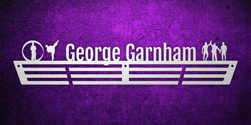 Custom images gallery medal holder featuring 'George Garnham' with martial arts and fitness icons, perfect for personalized sports medals.