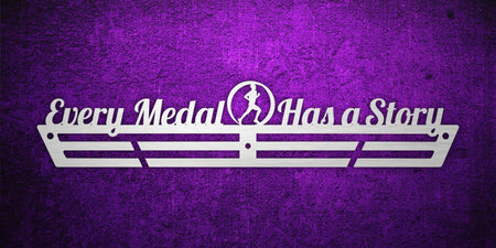 Custom images gallery medal rack with 'Every Medal Has a Story' and runner icon, inspirational display for athletes.