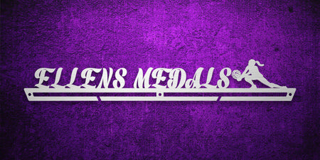 Custom images gallery field hockey medal rack with 'ELLEN'S MEDALS' and player silhouette, ideal for hockey players.