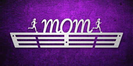Custom images gallery running medal hanger with 'mom' and runner silhouettes, ideal gift for athletic mothers.