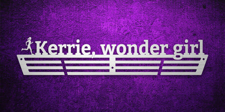 Custom images gallery running medal rack with 'Kerrie, wonder girl' and runner icon, personalized gift for female athletes.