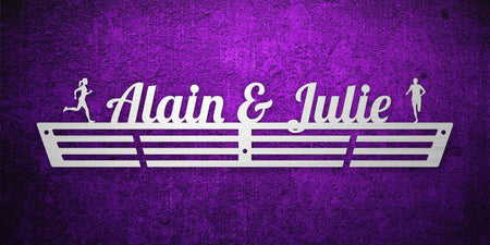 Custom images gallery running medal rack with 'Alain & Julie' and runner icons, perfect for couples who race together.