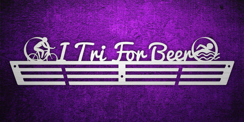 Custom images gallery triathlon medal hanger with 'I Tri For Beer' text and swim, bike, run icons, fun gift for triathletes.