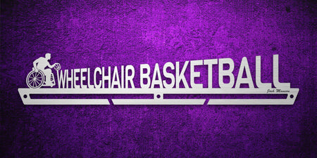 Custom images gallery medal rack with 'Wheelchair Basketball' text and player silhouette, designed for adaptive sports achievements.
