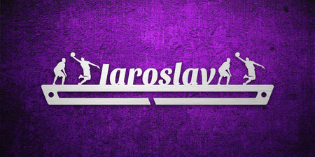 Custom images gallery basketball medal holder with 'Jaroslav' name and player silhouettes, ideal for basketball fans.