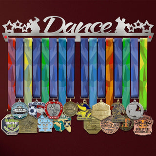 Dance Medal Hanger Display V2 showcasing colorful ribbons and various medals, ideal for organizing dance achievements stylishly.