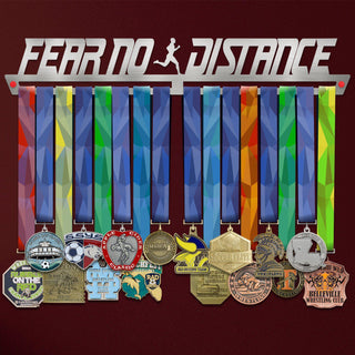 Fear No Distance Medal Hanger Display MALE with 12 colorful medals hanging on stainless steel rack, ideal for organizing athletic achievements.