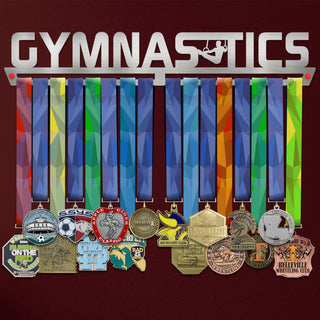 Gymnastics Medal Hanger Display MALE V1 showcasing colorful medals on a brushed steel rack with male gymnast silhouette cutout.