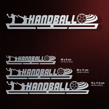 Three size options of the Handball Medal Hanger Display FEMALE shown with dimensions, offering flexibility for different medal collections.