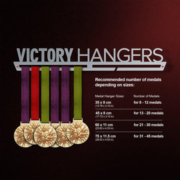 Victory Hangers medal hanger size guide showing recommended medal capacity for each Handball Medal Hanger Display FEMALE size.