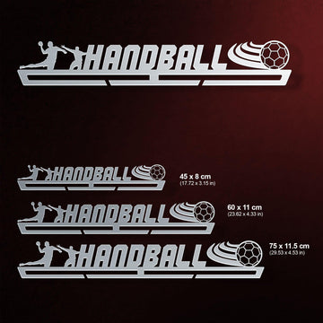 Three size options of Handball Medal Hanger Display MALE shown with dimensions, perfect for displaying handball medals in various quantities.