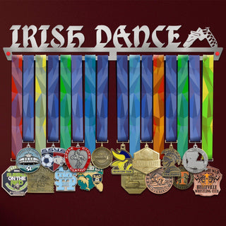 Irish Dance V2 Medal Hanger Display showcasing colorful ribbons and various medals on a stainless steel rack with Irish dance shoe design.