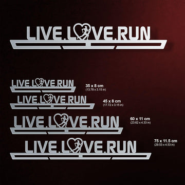 Live Love Run Medal Hanger Display FEMALE shown in four sizes with dimensions, made of stainless steel for female athletes.