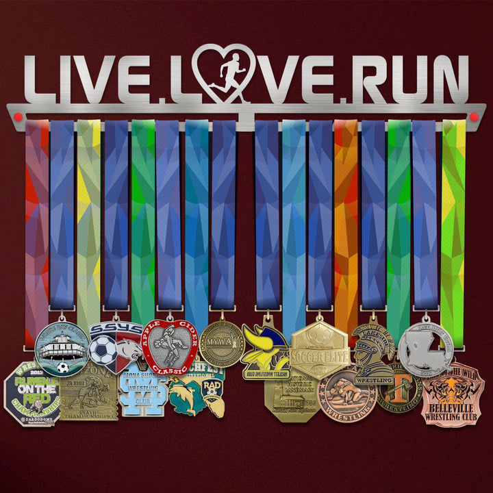Live Love Run Medal Hanger Display MALE showcasing colorful medals on a stainless steel rack, ideal for male runners and athletes.