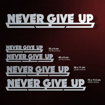 Never Give Up Medal Hanger Display shown in multiple sizes from 35 cm to 75 cm, suitable for holding 8 to 45 medals depending on size.