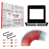 Victory Hangers® Race Bib Holder + Medal Display Rack V1 includes mounting hardware, 20 flip pouches, and a square black metal frame.