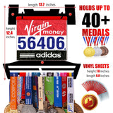Race Bib Holder + Medal Hanger Display Rack V2 holds over 40 medals and includes 20 vinyl sheets for bibs, dimensions and features shown.