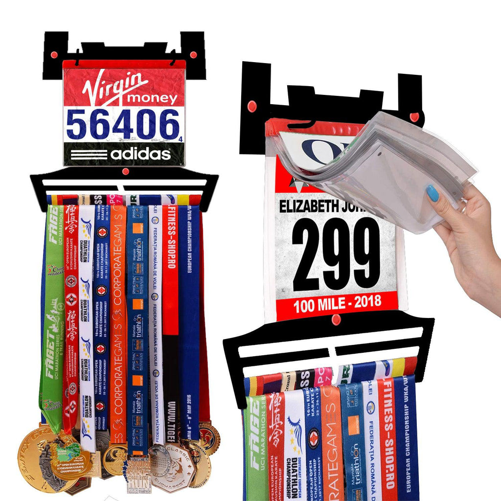 Race Bib Holder + Medal Hanger Display Rack V2 by Victory Hangers® showcasing race bibs and medals with vinyl sleeves for organized display.