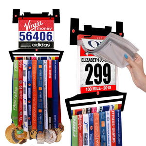 Race Bib Holder + Medal Hanger Display Rack V2 by Victory Hangers® showcasing race bibs and medals with vinyl sleeves for organized display.