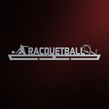 Stainless steel Racquetball Medal Hanger Display featuring a racquetball player silhouette and ball design, ideal for organizing medals.