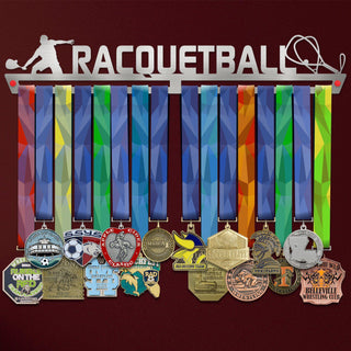 Racquetball Medal Hanger Display holding colorful ribbons and various medals, made of stainless steel and fits up to 50 medals.