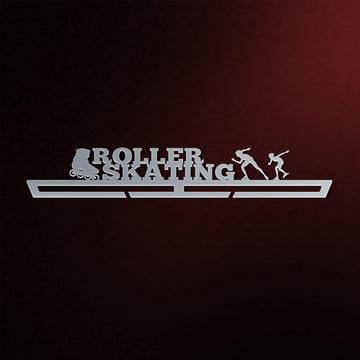 Stainless steel Roller Skating Medal Hanger Display with cutout roller skate and skater figures, ideal for organizing and displaying medals.