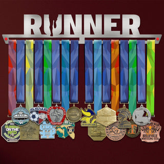 Runner Medal Hanger Display holding colorful race medals on a stainless steel rack with 'RUNNER' cutout design, ideal for running achievements.