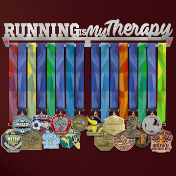 Running Is My Therapy Medal Hanger Display holding colorful ribbons and various medals, ideal for runners to showcase achievements.