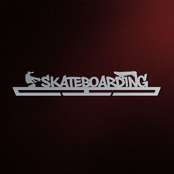 Skateboarding Medal Hanger Display in stainless steel featuring a skateboarder silhouette and bold SKATEBOARDING text, shown without medals.