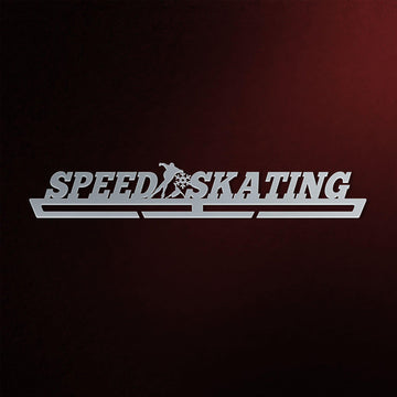 Stainless steel Speed Skating Medal Hanger Display featuring a skater silhouette and snowflake cutout, ideal for organizing medals.