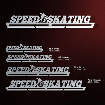 Speed Skating Medal Hanger Display shown in four sizes with dimensions, made of brushed stainless steel for holding multiple medals.