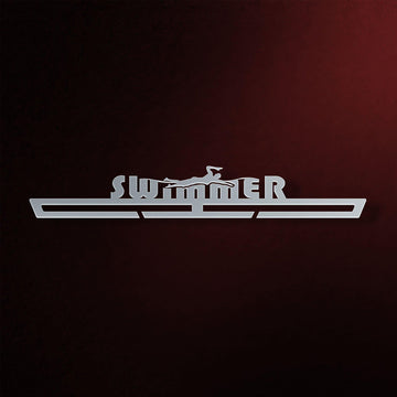 Swimmer Medal Hanger Display V2 in brushed stainless steel with swimmer silhouette, perfect for stylish medal organization.