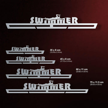 Swimmer Medal Hanger Display V2 available in multiple sizes from 35 cm to 75 cm, designed to hold various quantities of medals.