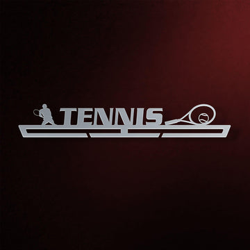 Stainless steel Tennis Medal Hanger Display MALE featuring a tennis player silhouette and racket design, perfect for male tennis players.
