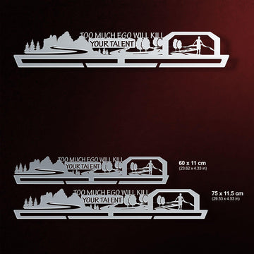 Three size options of Too Much Ego Will Kill Your Talent medal hanger display, showing dimensions for 60 cm and 75 cm versions.